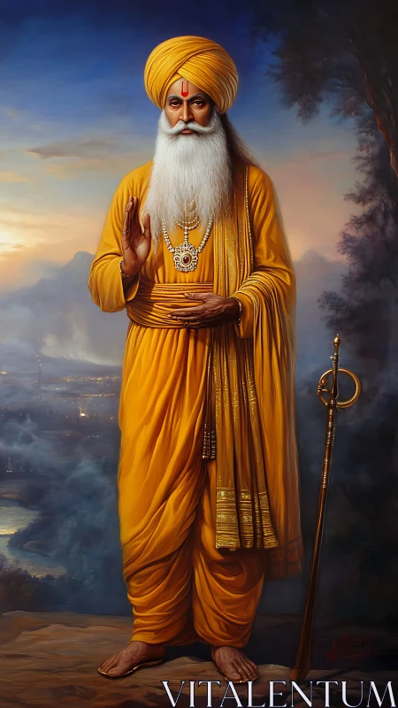 Regal elder guru in saffron robes under luminous dusk sky.