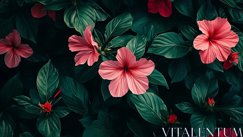 Pink Hibiscus Blooms Against Deep Emerald Foliage.