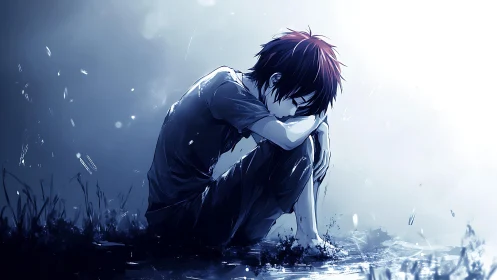 Solitary anime figure seated on wet ground in blue tones.
