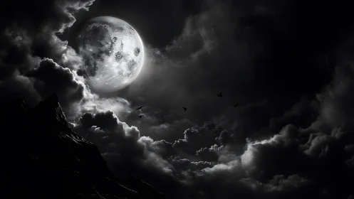 Luminous full moon backlights storm clouds in high-contrast sky