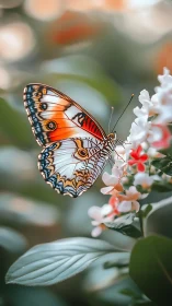 Gentle pause of a patterned butterfly on soft blooms.