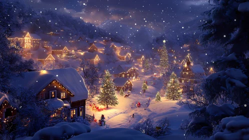 Snow-kissed village glows while Christmas lanterns hum softly
