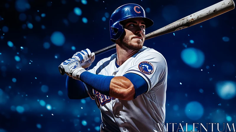 Baseball batter holds bat in ready stance under stadium lights