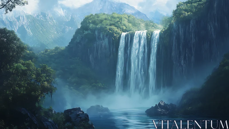 Mountain basin waterfall with mist and dense forest cover.
