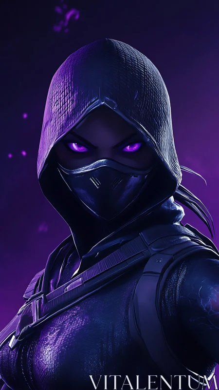 Hooded cyber assassin glares with glowing violet eyes.