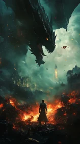Lone armored warrior confronts colossal dragon over burning city.