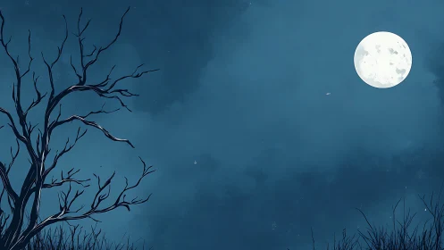 Bare tree silhouettes watch a full moon in misty night sky