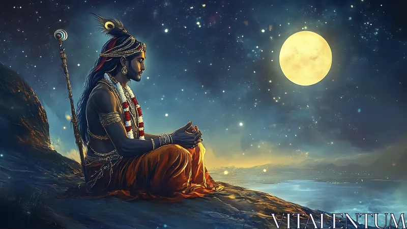 Meditating warrior on moonlit cliff above glowing sea.