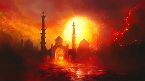 Silhouetted domed complex stands before an oversized sun