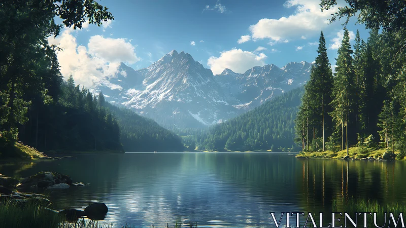 Mountain lake with pine forest and snow capped peaks.