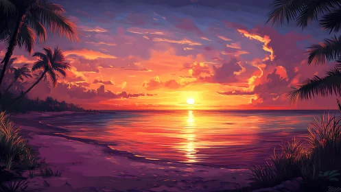 Coastal horizon sunset over calm ocean with palm silhouettes.