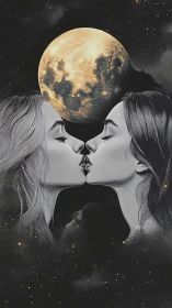 Two Figures Kissing With Luminous Moon Head Replacing Cranial Cavity.