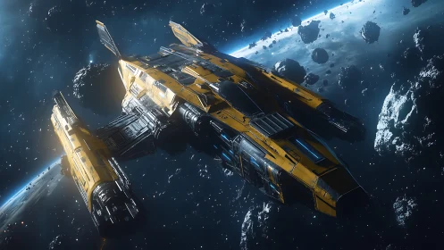 Sleek yellow starship gliding confidently through deep space.