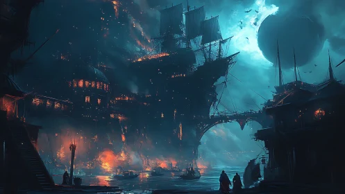 Moonlit ghost ship harbor glowing with mysterious fires.