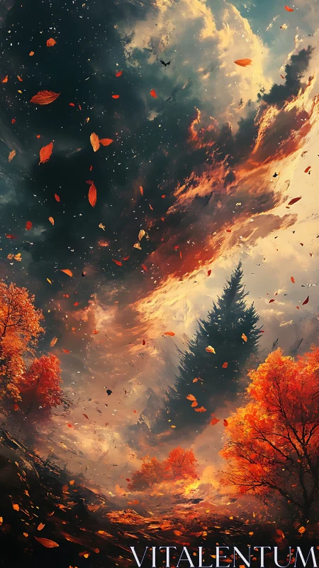 Autumn Tempest: Elemental Convergence with Fiery Foliage and Storm Clouds
