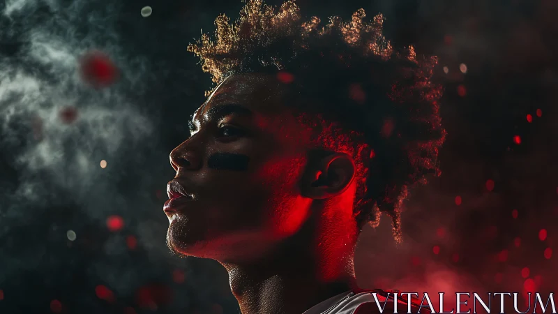 Haloed under stadium smoke, a young warrior of floodlit grit.