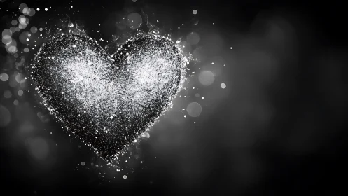 Glittering bokeh heart silhouette rendered in monochrome space