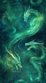 Serpentine dragon forms coil through luminous teal nebula