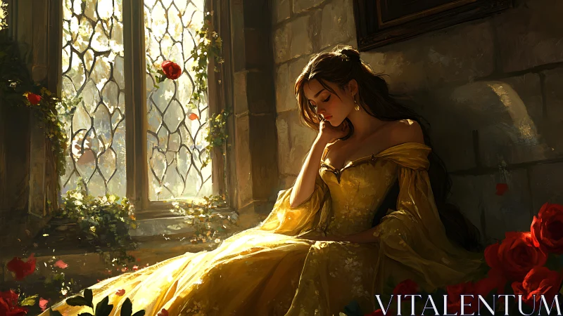 Melancholic woman in yellow gown by sunlit castle window.