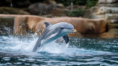Joyful dolphin leaping through sparkling blue ocean spray.