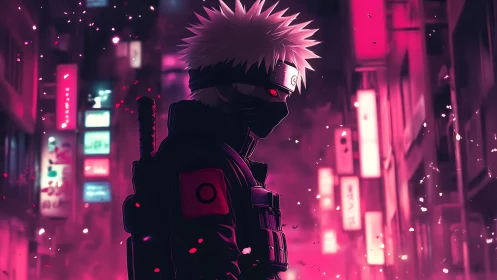 Masked cyber ninja in neon alley with glowing blade poised.