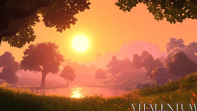 Golden valley sunset over a quiet, dreamlike river.