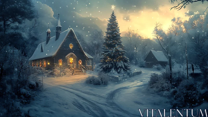 Snowy village chapel glows with warm Christmas lights at dusk.