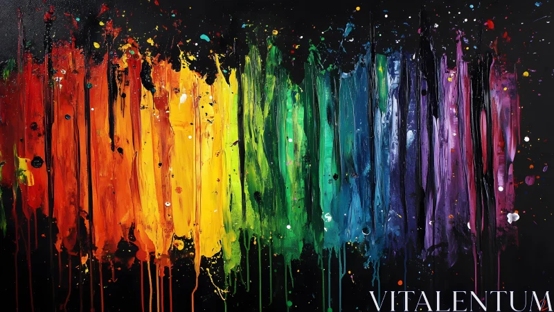 Vibrant rainbow drip abstract painting on black background.
