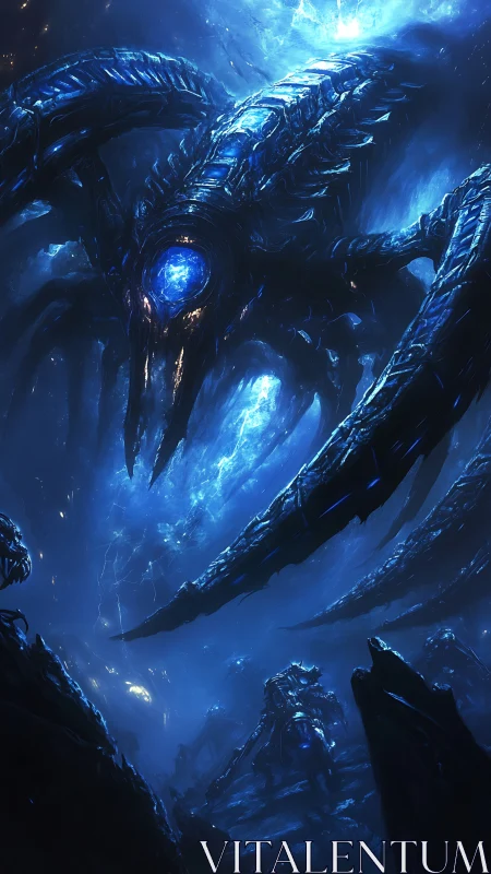 Colossal biotechnic leviathan emerges in electric blue void.