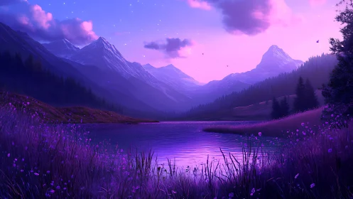 Twilight alpine lake with snowy peaks and violet atmospheric haze