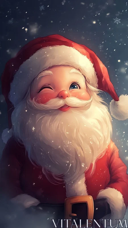 Cartoon Santa portrait with wink in falling snow.