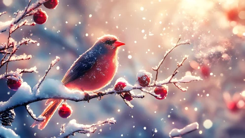 Bird rests on snowy berry branch in diffused winter light