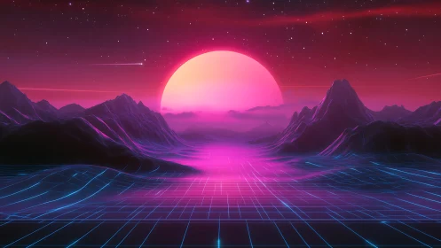 Neon retrofuturist sunset over grid mountainscape horizon.
