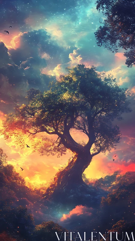Stellar-lit arboreal colossus within chromatic nebula sky.