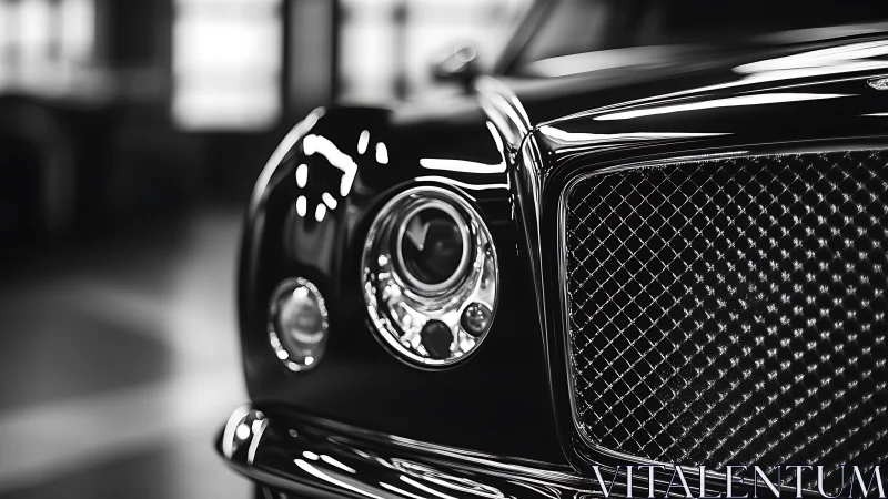 High-gloss luxury car front with mesh grille in shallow focus