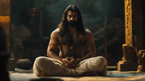 Fierce temple yogi in molten gold light of silent vows.