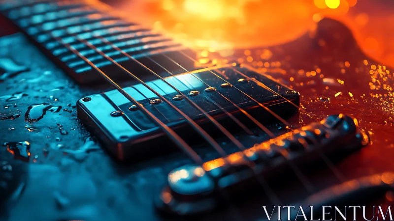 Electric guitar macro with neon bokeh and water droplets.
