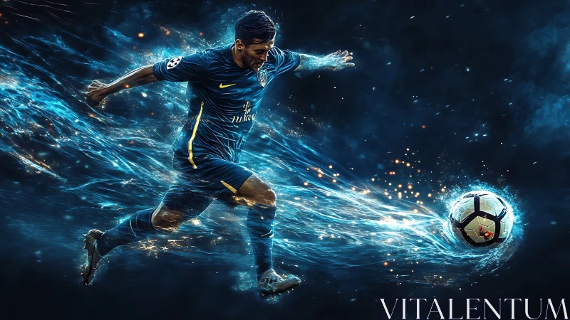 Digital rendering of soccer player striking ball in motion.