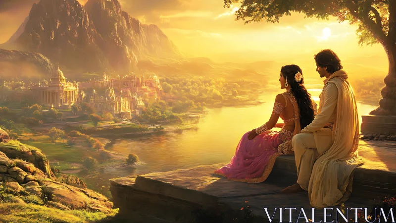 Golden-hour river kingdom with romantic couple in ornate attire