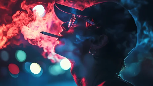 Neon-lit profile portrait with cinematic vapor clouds at night.