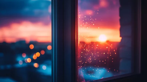 Cozy sunset glow through a rain‑kissed city window.