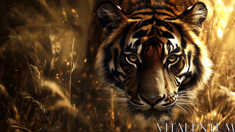 Tiger stares forward in tall backlit golden grass field