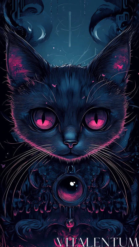 Digital feline portrait centers neon-accented symmetrical design