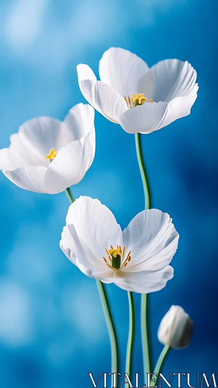 White Cosmos Flowers Against Blue Sky Background.