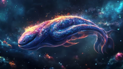 Gentle cosmic whale drifting through glowing nebulae.