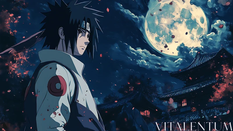 Moody anime warrior beneath an immense blue moonlit sky.