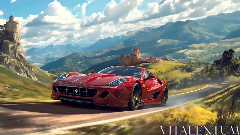 Scarlet supercar slices sunlit mountain kingdom roads.