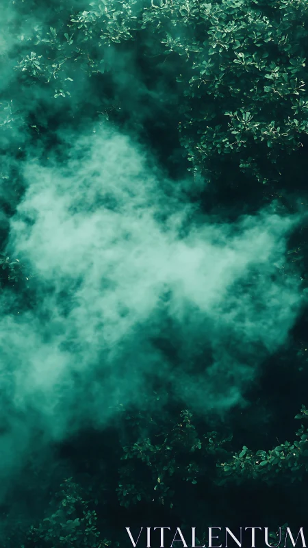 Soft green mist drifts gently through a quiet forest canopy