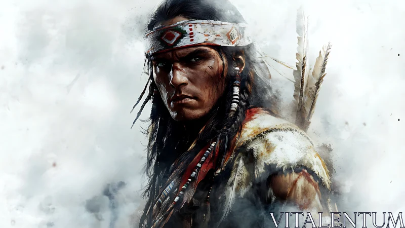 Warrior portrait emerges through swirling pale smoke.