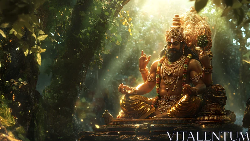 Digital rendering shows seated deity statue in dense forest